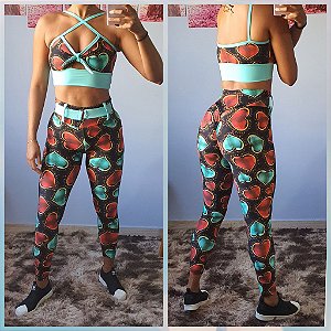 Conjunto Legging Preto Coração Fitness