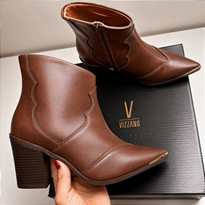 Bota Feminina Vizzano Cano Curto Salto Grosso Bico Fino Estilo Country Moderna