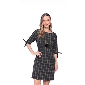 Vestido Curto Preto Xadrez Com Amarração Nas Mangas