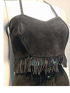 Conjunto De Couro Shorts Cintura Mega Alta+ Cropped Preto