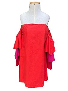 Vestido Curto Vermelho Tomara Que Caia Com Mangas De Babado