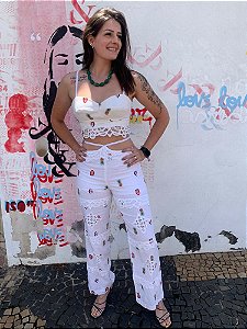 Conjunto Calça E Croped Branco Tropical Colab Skazi E Thassi