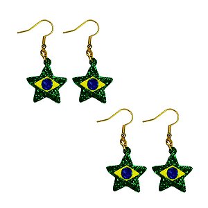 06 Par de Brinco Copa do Mundo Jogo Futebol Bandeira Brasil