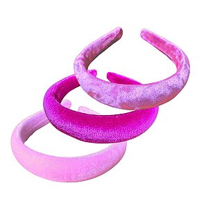 03 Tiara Veludo Acolchoada Arco Acessório Rosa 30mm