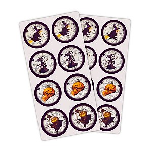 1 Cartela C/16 Adesivos Figurinha Halloween Bruxa Abóbora Panico