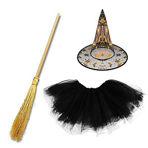 Kit Fantasia Bruxa Vassoura Chapéu Festa Halloween Luxo - DHS SHOP