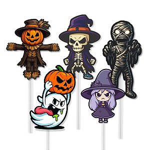 Kit 60 Enfeite Palito Topper Bolo Doce Personagens Halloween