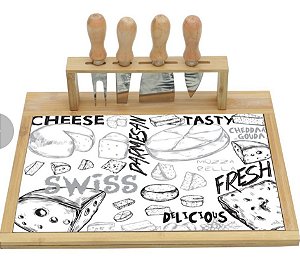 Kit Tábua Queijo Design Bambu E Cerâmica 5 Peças 33x26,5cm - Lyor