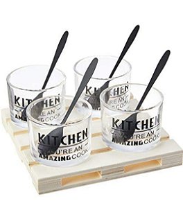 Conj. bandeja de plástico c/4 molheiras de vidro e 4 colheres de aço inox 16x16- Lyor