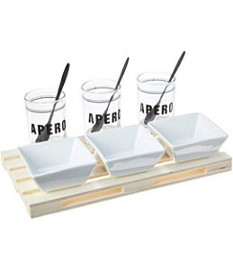 Conj. bandeja de madeira c/3 molheiras de vidro 3 molheiras cerâmica 3 colheres aço inox 28x15 - Lyor