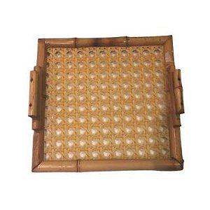 Bandeja de Bambu Natural c/ Vidro e Alça 23x23cm