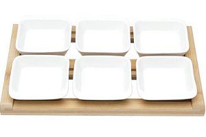 Cj 6 Petisqueiras de Porcela c/ Tábua de Bambu 31x20x5,4cm - Bon Gourmet