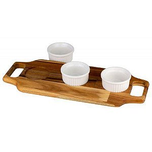 Tábua em Madeira Teca c/ 3 Petisqueiras em Porcelana 36x15x5cm