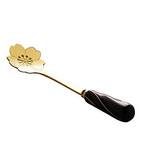 Conj. 4 Colheres Aço Inox P/ Chá Cabo Cerâmica Flowers Preto/ Dourado