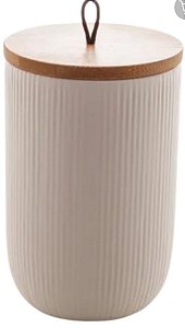 Potiche Decorativo de Cerâmica c/ Tampa Bambu C/ Pegador de Corda Lines Branco  10x10x15cm- Lyor
