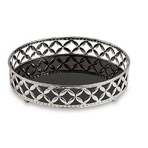 Bandeja Redonda Prata em Metal Media com Espelho Preto - Mart