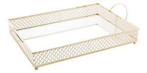 Bandeja De Metal C/Espelho E Alça Singapura Dourada - Lyor