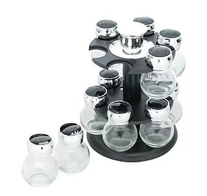 Cj 12 Porta Temperos Vidro c/ Tampa Plástico e Base Giratória Poli Preta - Bon Gourmet