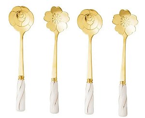 Cj 4 Colheres Aço Inox P/ Chá Cabo Cerâmica Flowers Dourado/ Branco