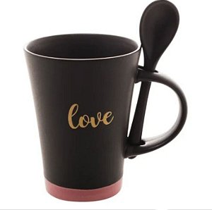 Caneca Cerâmica C/ Colher Love Preto Matt/Rosa 310ml