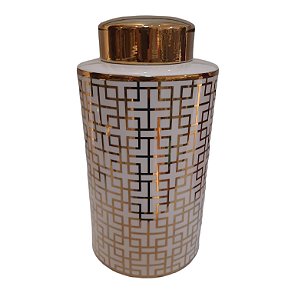 Vaso Cachepot Cerâmica Branco com Dourado - D&A