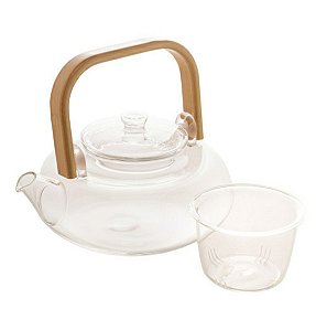 Chaleira de Vidro Borossilicato Resistente a Calor C/ Alça de Bambu 800ml - Wolff