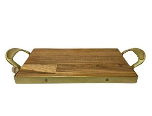 Bandeja de Madeira Teca C/ Alça Dourada