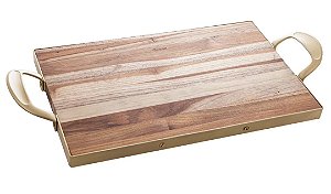 Bandeja de Madeira Teca C/ Alça Dourada