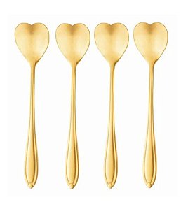 Cj 4 Colheres Aço Inox P/ Chá Heart Dourado