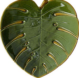 Prato Decorativo de Cerâmica Costela de Adão Leaf Verde 22x22x3,5 cm - Lyor