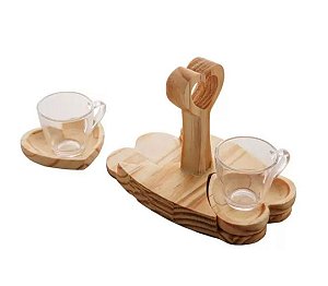 Cj 2 Xícaras Café C/ Pires e Suporte Madeira Pinus 75ml - Woodart