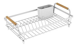 Escorredor de Louça Aramado 12,6x24,2x41,7cm Com Alça C/ Madeira C/ Porta Talheres Branco