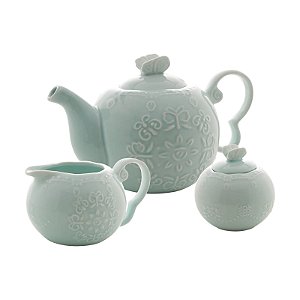 Cj 3 Pc Porcelana p/ Chá Butterfly Azul Claro - Bon Gourmet
