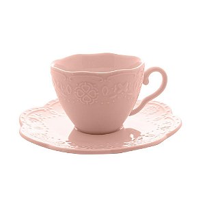 Cj 4 Xícaras Café Porcelana c/ Pires Butterfly Rosa 120ml - Bon Gourmet