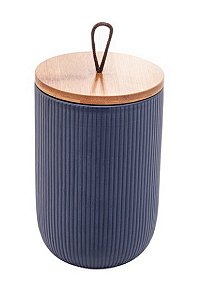 Potiche De Cerâmica Decorativa C/ Tampa Em Bambu e Pegador de Corda Lines Azul Marinho 10x10x15cm