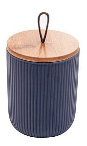 Potiche de Cerâmica Decorativo C/ Tampa em Bambu e Pegador de Corda Lines Azul Marinho 10x10x12,5cm