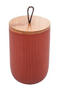 Potiche de Cerâmica Decorativo C/ Tampa em Bambu e Pegador de Corda Lines Terracota  10x10x15cm