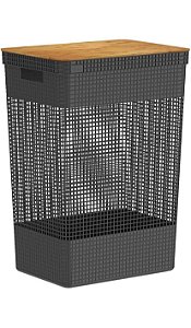 Cesto de Roupas Grid c/Tampa de Bambu 49L Preto OU