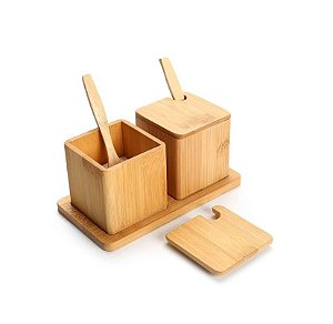 Porta Condimentos Duplo em Bambu com Colheres