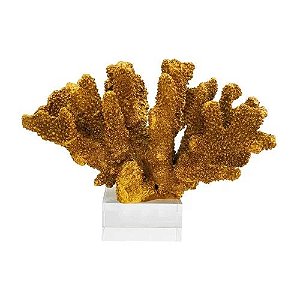 Escultura de Coral em Resina Dourada e Base em Cristal