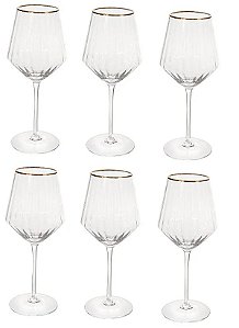 Cj 06 Taça Vinho Canelado c/Borda Dourada 520ml