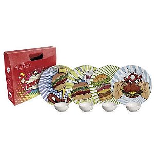 Pratos Burger Mini Tigelas Bowl Molheira Ceramica Decorada Kit 8 pçs