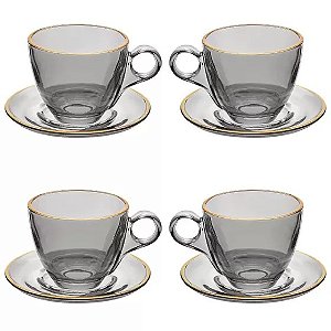 Cj 4  Xícaras C Pires Chá Cristal Menfis 170 ML 8 Peças - Hauskraft