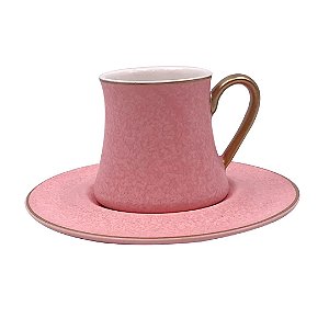 Jogo de 12 Peças para Café em New Bone China 80ml Cor Rosa e Dourado