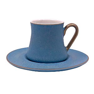 Jogo de 12 Peças para Café em New Bone China 80ml Cor Azul e Dourado