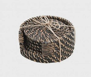 Jogo de 6 Porta Copos em Rattan c/ Suporte Ebano