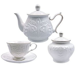 Jogo de 14 peças para chá em new bone china branco e dourado