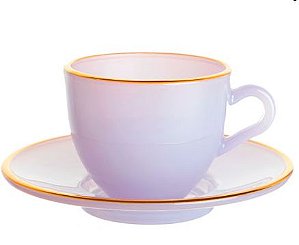 Jogo de xícaras de vidro para café Matte lilás com borda dourada com pires 85 ml 08 peças