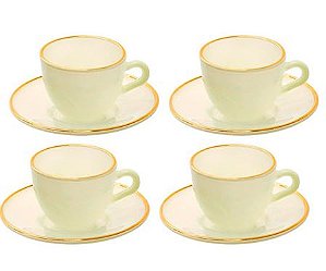 Jogo de xícaras de vidro para café Matte verde com borda dourada com pires 85 ml 08 peças