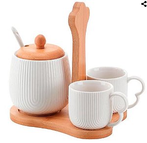 Jogo de xícaras em cerâmica de café Oasis suporte bambu branco 90 ml 05 peças